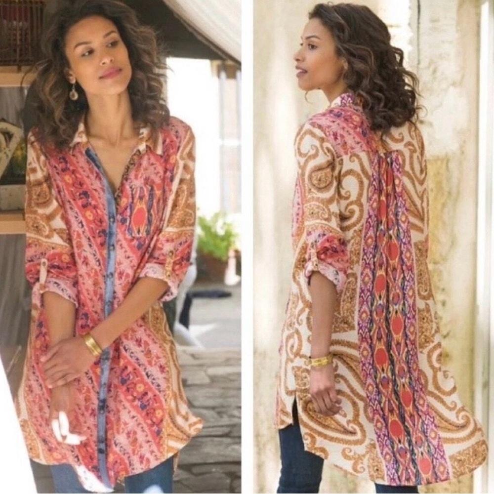 Soft Surroundings Brynn Button Down Tunic Blouse Pink Paisley Velvet Size Medium